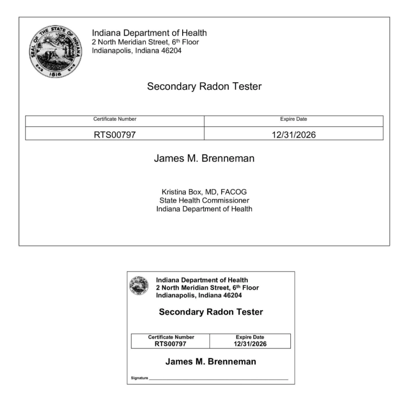 Secondary Radon Tester Certificate